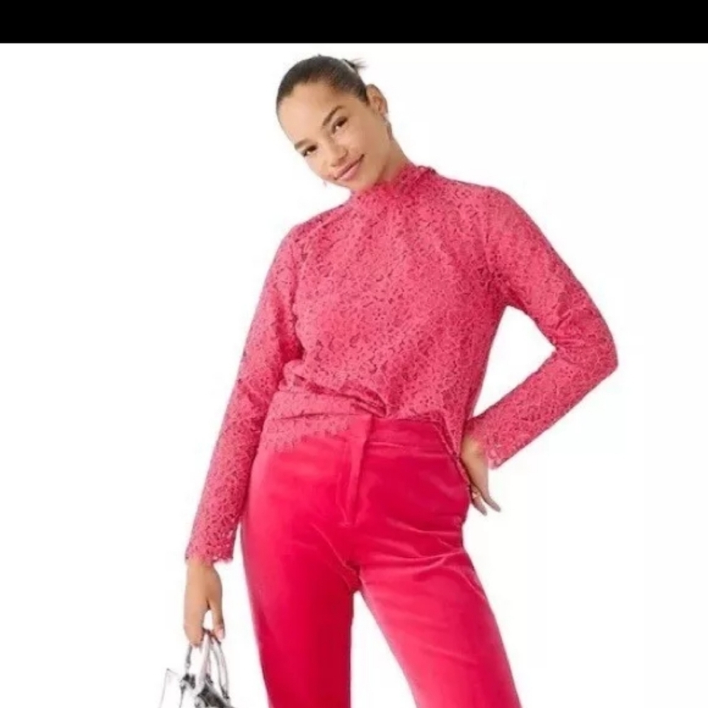 J. Crew Womens Sz 0 Scalloped Mock Neck Laced Long Sleeve Top in Dragonfruit - Picture 2 of 12